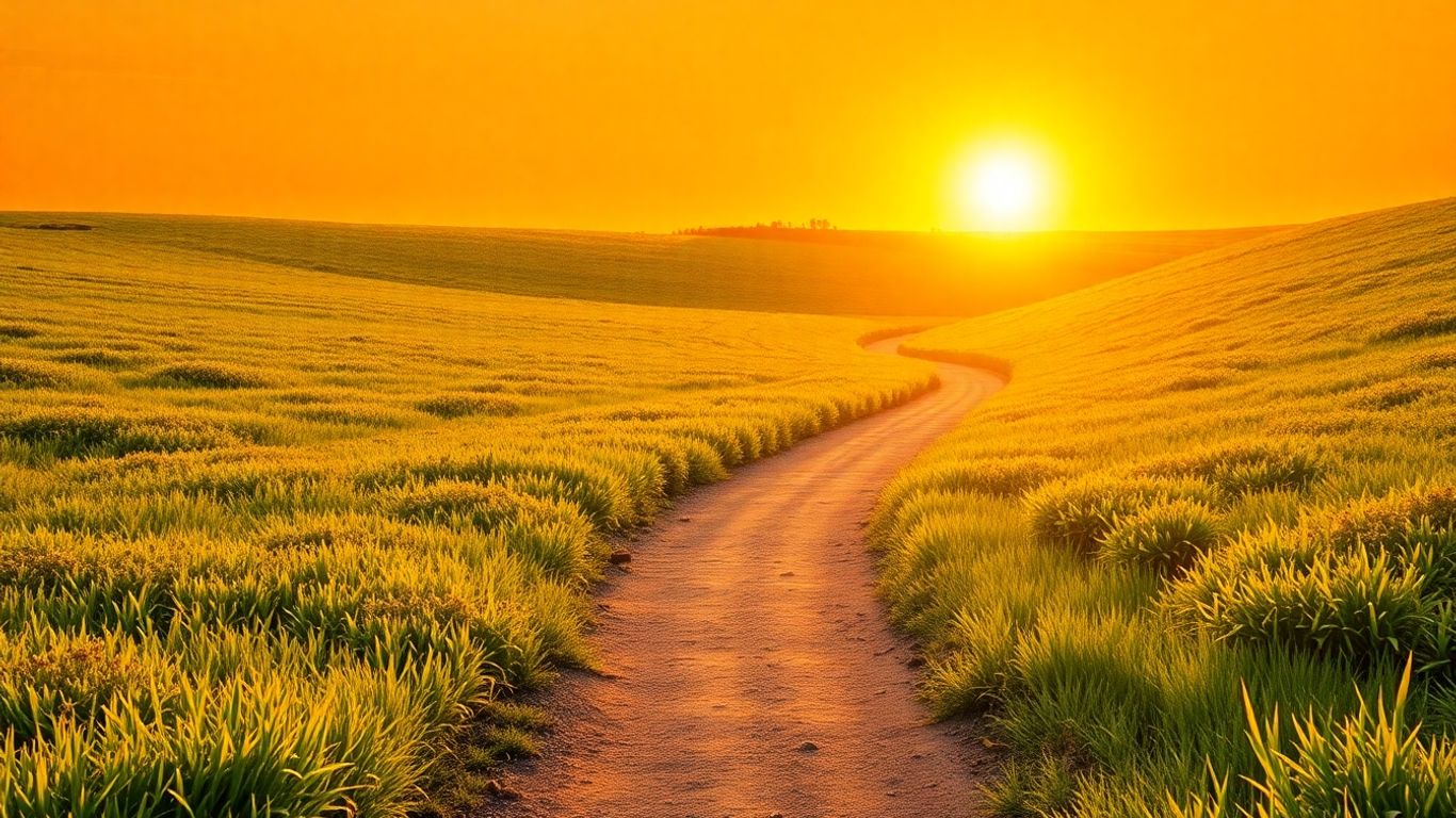 Sunlit path leading to a bright horizon.