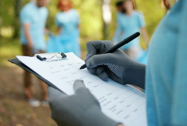 Person in gloves writing on clipboard with volunteers in background.
